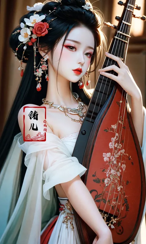 masterpiece, best quality, 32k uhd, insane details, intricate details, hyperdetailed, hyper quality, high detail, ultra detailed, Masterpiece,
lute,1girl, ornament,blurry background,Reddish green hanfu,holding instrument,playing instrument, bare shoulders, (full body:1.0),
A mature facesideways glance, (cold attitude,eyeshadow,eyeliner:1.1),(red lips:1.5),watery eyes, Milky skin, (shiny skin:1.4) <lora:~Q?-t5t6 lute:0.8>