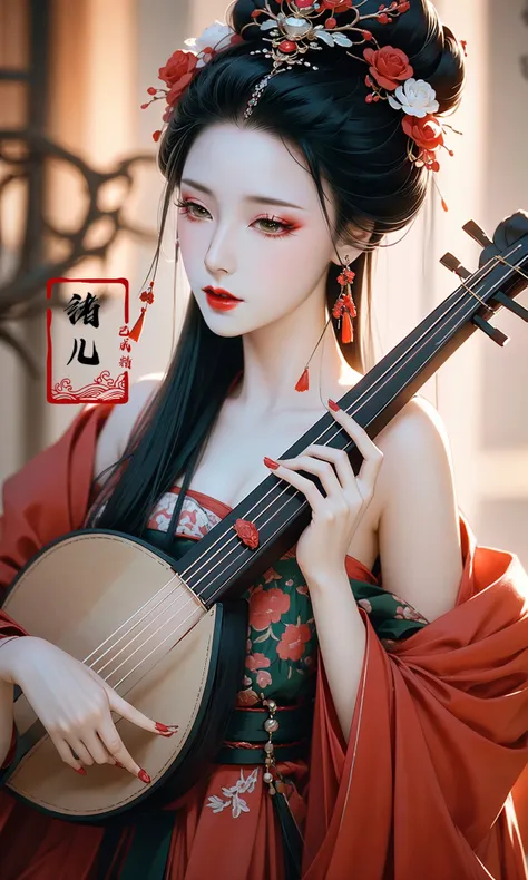 Epic CG masterpiece, hdr,dtm, full ha,8K, ultra detailed graphic tension, dynamic poses, stunning colors, 3D rendering, surrealism, cinematic lighting effects, realism, 00 renderer, super realistic, full - body photos, super vista, super wide Angle, HD
lute,1girl, ornament,blurry background,Reddish green hanfu,holding instrument,playing instrument, bare shoulders,
A mature facesideways glance, (cold attitude,eyeshadow,eyeliner:1.1),(red lips:1.5),watery eyes,
<lora:~Q?-t5t6 lute:0.8>