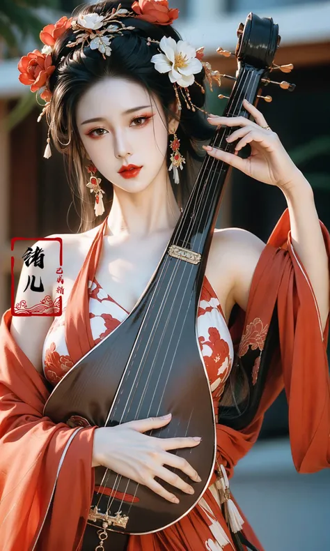masterpiece, best quality, 32k uhd, insane details, intricate details, hyperdetailed, hyper quality, high detail, ultra detailed, Masterpiece,
lute,1girl, ornament,blurry background,Reddish green hanfu,holding instrument,playing instrument, bare shoulders, (full body:1.0),
A mature facesideways glance, (cold attitude,eyeshadow,eyeliner:1.1),(red lips:1.5),watery eyes, Milky skin, (shiny skin:1.4) <lora:~Q?-t5t6 lute:0.8>