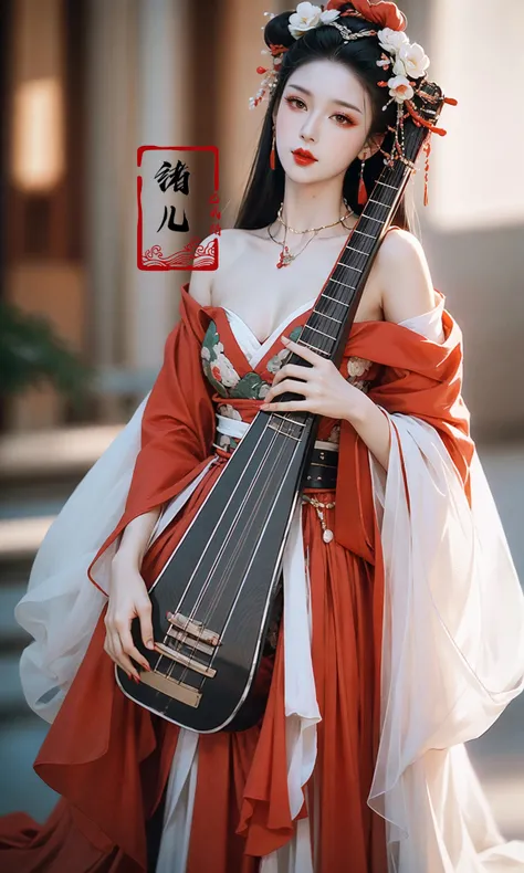 masterpiece, best quality, 32k uhd, insane details, intricate details, hyperdetailed, hyper quality, high detail, ultra detailed, Masterpiece,
lute,1girl, ornament,blurry background,Reddish green hanfu,holding instrument,playing instrument, bare shoulders, (full body:1.0),
A mature facesideways glance, (cold attitude,eyeshadow,eyeliner:1.1),(red lips:1.5),watery eyes, Milky skin, (shiny skin:1.4) <lora:~Q?-t5t6 lute:0.8>