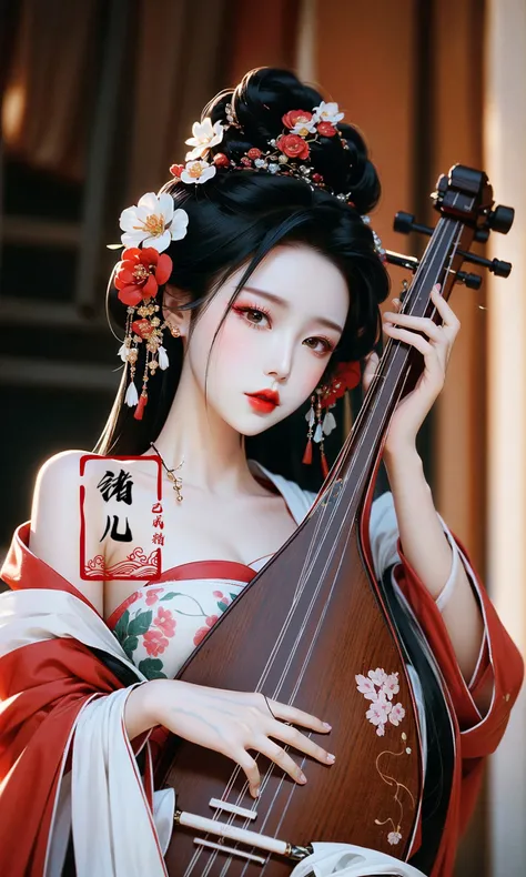 masterpiece, best quality, 32k uhd, insane details, intricate details, hyperdetailed, hyper quality, high detail, ultra detailed, Masterpiece,
lute,1girl, ornament,blurry background,Reddish green hanfu,holding instrument,playing instrument, bare shoulders, (full body:1.0),
A mature facesideways glance, (cold attitude,eyeshadow,eyeliner:1.1),(red lips:1.5),watery eyes, Milky skin, (shiny skin:1.4) <lora:~Q?-t5t6 lute:0.8>