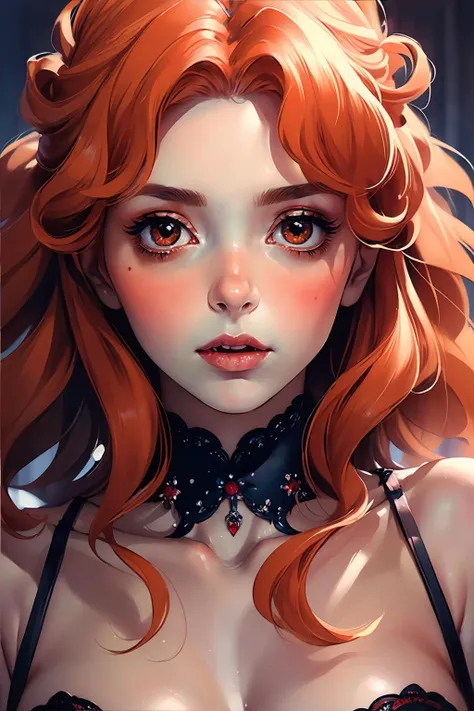 (masterpiece, top quality, best quality, official art, beautiful and aesthetic:1.3), detailed torso portrait of sexy vampire Lenore, (stunningly attractive), (red eyes:1.2), seductive, intimate, intricate, High Detail, Sharp focus, dramatic, photorealistic painting, (small breasts:1.0), cleavage, (big eyes:0.6), bedroom eyes, (detailed pupils:1.3), (revealing clothing:0.9), <lora:lenore:0.6> <lora:GPTS2 Heavy:0.8>