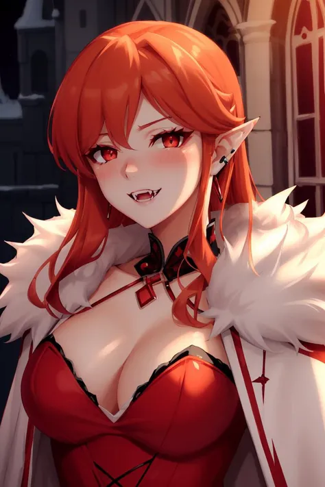 <lora:ANIME_Castlevania_Lenore_v10:0.2> <lora:FEATURE_VampireFang_v01:0.7>, 1girl, vampire, red eyes, orange hair, blush cheeks, fur coat, fangs, pointy ears, seductive eyes, thin smile, sidelocks, earrings, breasts, robe, castle, castlevania, 64K, f1.2, 800mm, UHD, dynamic lighting