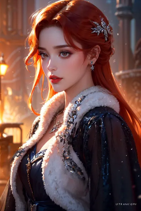 {{LENORE}},1girl,solo, (long sleeves,long black dress,leash,blue frills),jewelry, necklace,earrings,hair ornament, (fur trim,white cape,white cloak),black footwear,boots,
(long hair,red hair, orange hair:1.2), A carefully cut hairstyle,
(best quality,masterpiece:1.3),(vivid colors,color full:1.1),(Highly detailed,ultra-realistic:1.2),extremely detailed CG unity 8k wallpaper,
HDR,Ultrahigh HD Picture,dramatic,contrast of warm and cool tones,light source contrast, High quality texture,absurd,
cowboy shot(full body:0.8),Ultra-Wide Angle,cinematic (beautiful detailed face:1.0),Realistic eyes,brown eyes,
subsurface scattering, reflections, eflections,dusty sunlight, ray_tracing,(cinematic lighting,soft light, sharp),Soft,light particles,
old castle background, castle walls,fantasy scenery,night,
(Satisfaction,smug,charm:1.1),(beautiful image,beautiful vampire,mature female,),(lipstick,heavy makeup:1.3),beautiful lips,naughty face,smile,
(skin texture,realistic skin,pale skin,extremely fine complexion,shiny skin:1.2),extremely detailed fine touch,
anatomically correct,
<lora:lenoreV4:0.7>, <lora:detail_slider_v4:2> ,more detail, <lora:ClothingAdjuster3:-0.5>