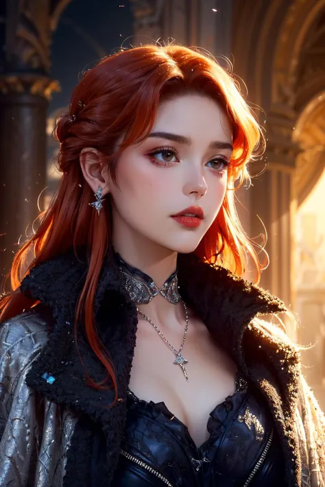 {{LENORE}},1girl,solo, (long sleeves,long black dress,leash,blue frills),jewelry, necklace,earrings,hair ornament, (fur trim,white cape,white cloak),black footwear,boots,
(long hair,red hair, orange hair:1.2), A carefully cut hairstyle,
(best quality,masterpiece:1.3),(vivid colors,color full:1.1),(Highly detailed,ultra-realistic:1.2),extremely detailed CG unity 8k wallpaper,
HDR,Ultrahigh HD Picture,dramatic,contrast of warm and cool tones,light source contrast, High quality texture,absurd,
cowboy shot(full body:0.8),Ultra-Wide Angle,cinematic (beautiful detailed face:1.0),Realistic eyes,brown eyes,
subsurface scattering, reflections, eflections,dusty sunlight, ray_tracing,(cinematic lighting,soft light, sharp),Soft,light particles,
old castle background, castle walls,fantasy scenery,night,
(Satisfaction,smug,charm:1.1),(beautiful image,beautiful vampire,mature female,),(lipstick,heavy makeup:1.3),beautiful lips,naughty face,smile,
(skin texture,realistic skin,pale skin,extremely fine complexion,shiny skin:1.2),extremely detailed fine touch,
anatomically correct,
<lora:lenoreV4:0.7>, <lora:detail_slider_v4:2> ,more detail,  <lora:ClothingAdjuster3:-0.5>