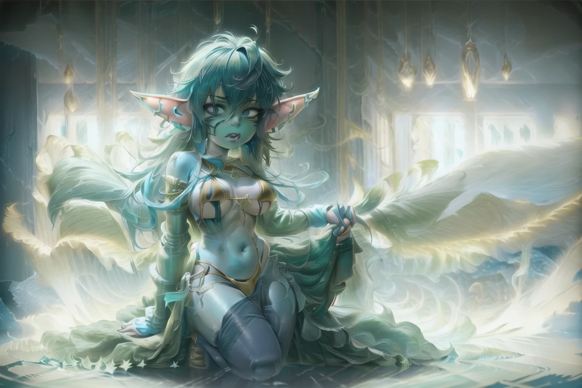 (solo:1.5) <lora:gobGirlzLora:1.2> (gobgirlz:1.4), (green skin:1.4), mature, wide figure, bikini, cute face, covered nipples, Golden Age of Detective Fiction, <lora:chao_10:0.9>, (centered:1.3), detailed, illustration, trending artstation, digital painting,atmospheric lighting
