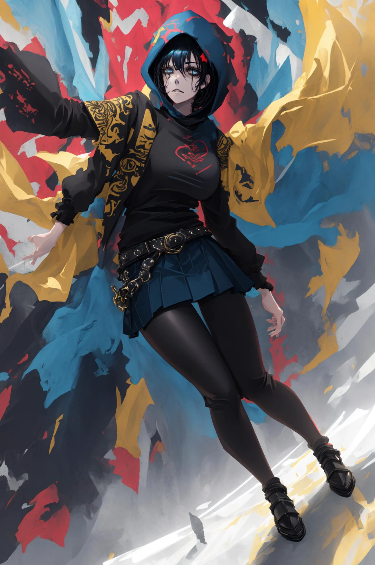 <lora:Chao3:1>, a goth female, [immaculate|intricate|immense] clothe details, detail [background|landscape|field|sun|floral|plants], ([deep eye|beautiful eye|dream iris|star iris|semi-photorealistic iris]),  [vibrant colors|limited colors| abstract colors| hard shadow], [high contrast|conflicting \(light\) values| \(very strong\) rim lighting], [sharp|photorealistic|3D|digital painting] and [2D|anime],[[ (underclothes) [[\(tattoo's\)|\(full body tattoo\)|\(breast tattoo\)] \(painted\) on skin]]], [torn clothes|scratches|mole|makeup|blush|mascara],  
BREAK 
1girl, [muscular|toned|curvy|plump], [large breasts|medium breasts] and sagging breasts, [\(large\) thighs| wide hips|thick thighs|thick lips|plush lips], \(tattoo\) \(below\) clothes, [\(large\) \(open\) jacket \(with\)\(hood\)|shirt|short skirt|legging|belt],  [skirt|frill|dress], detail face, detail eye,