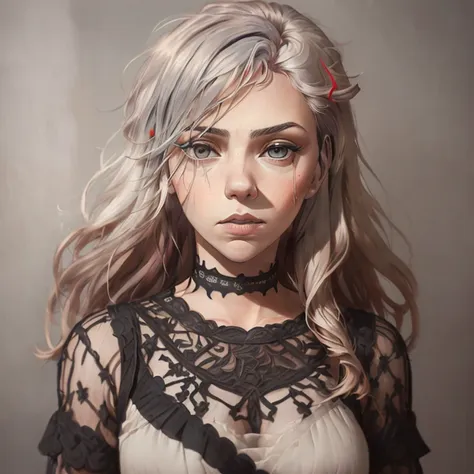 <lora:chaos:0.5><lora:arcane_style_lora:0.35>, portrait of [Scarlett Johansson:Beth Greene:0.35] wearing Party Dress, Silver eyes, highly detailed, (punk style:1.1), intricate detailed eyes, (frown:0.8), (shy:1.1), [Red:Caramel:0.3] hair