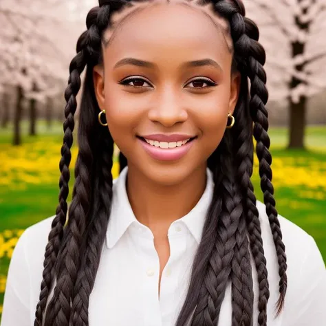 portrait of woman, excited, with Braids, background spring (photo, studio lighting, hard light, sony a7, 50 mm, matte skin, pores, colors, hyperdetailed, hyperrealistic)