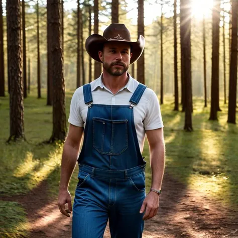 (8k, RAW photo, best quality, masterpiece), (realistic, photo-realistic), ultra-detailed, a man standing in front of forest, facing to viewer, daylight, outdoor, sunlight, flare spot, looking at viewer, cowboy shot, blue overalls, upper body, posing, closed-up