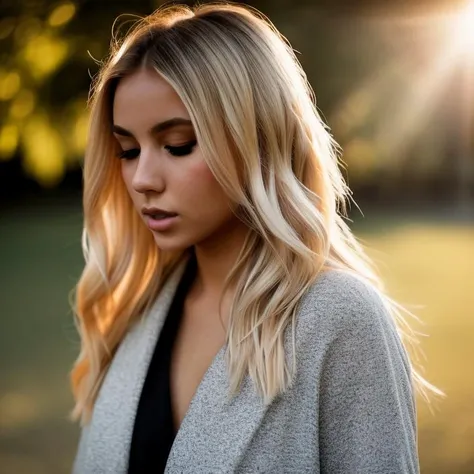 1girl a 24yo woman, blonde, dark theme, soothing tones, muted colors, high contrast, look at at viewer, contrasty , vibrant , intense, stunning, captured in the late afternoon sunlight, using a Canon EOS R6 and a 16-35mm to capture every detail and angle, with emphasis on the lighting and shadows, late afternoon sunlight, 8K