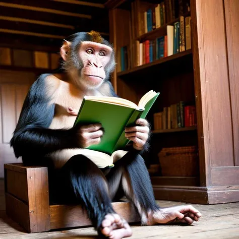 A big monkey reading a book in an old house