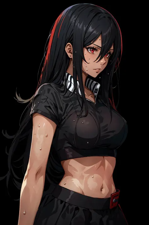 (masterpiece, best quality),  intricate details, 8k, artstation, wallpaper, official art, splash art, sharp focus,
1girl,    solo,     <lora:akameV1:0.8> akame, red eyes, black hair, very long hair, hair between eyes,bare houlders, 
 <lora:cropped-fc-v2:0.8> cropped-fc, underboob, midriff, sweat, sweating, <lora:sxz-concept:0.8> c0nc3pt, black background, simple background,