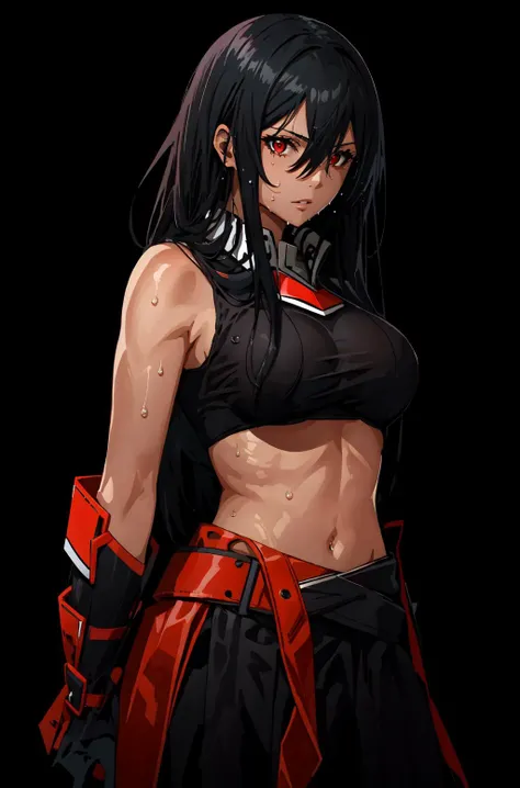 (masterpiece, best quality), intricate details, 8k, artstation, wallpaper, official art, splash art, sharp focus,
1girl, solo, <lora:akameV1:0.8> akame, red eyes, black hair, very long hair, hair between eyes,bare houlders,
<lora:cropped-fc-v2:0.8> cropped-fc, underboob, midriff, sweat, sweating, <lora:sxz-concept:0.8> c0nc3pt, black background, simple background,