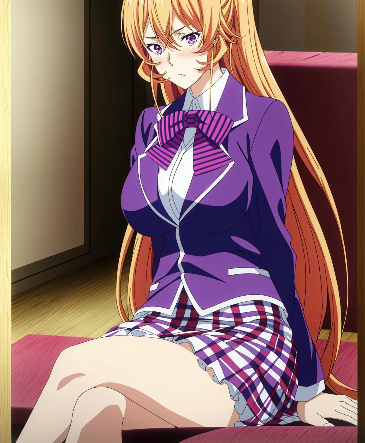 anime_screencap_erina, (1girl),nakiri erina,embarrassment face ,blush, long hair,blonde hair, long hair, ((purple eyes)),big breast,photo of a woman sitting ,sitcrossleg, wide hips,high heels, <lora:sitcrossleg_v02:0.8>, red bow, striped bow, blazer, blue jacket, long sleeves, plaid skirt, brown skirt, perfect quality, good quality, (masterpiece), (best quality), (ultra-detailed), (best illustration), (best shadow), (absurdres), <lora:char-Nakiri Erina-v2:1>, <lora:shokugeki_no_souma_style:0.7>,shokugeki_no_souma_style,