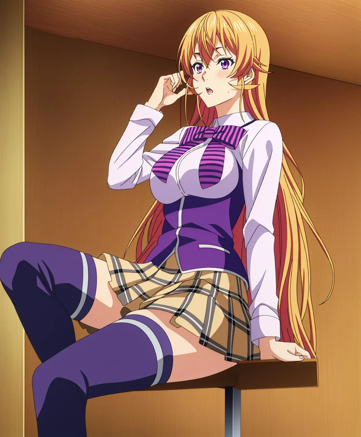 anime_screencap_erina,nakiri erina,embarrassment face ,blush, long hair,blonde hair, long hair, ((purple eyes)),big breast, nakiri erina, 1 girl, 20yo,mature female,Beautiful red bow, striped bow, blazer, blue jacket, long sleeves, plaid skirt, brown skirt, black thighhighs,perfect quality, good quality, masterpiece,(extremely detailed CG unity 8k wallpaper), (masterpiece), (best quality), (ultra-detailed), (best illustration), (best shadow), (absurdres), <lora:char-Nakiri Erina-v2:1>, <lora:shokugeki_no_souma_style:0.7>,shokugeki_no_souma_style