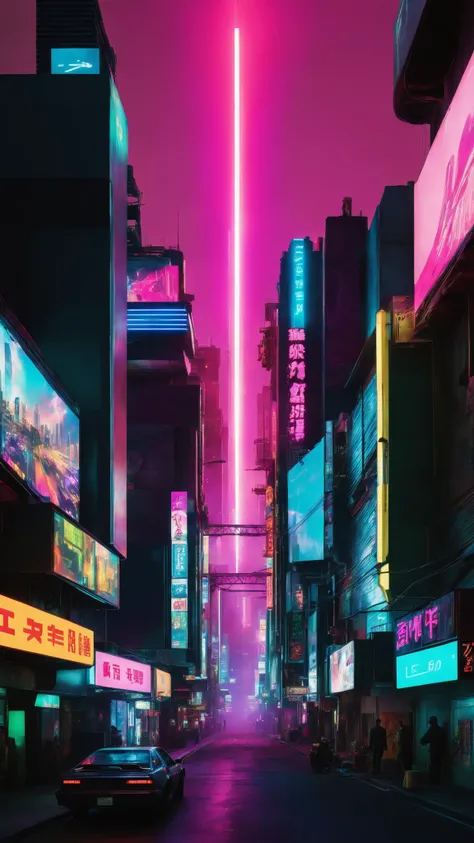 , A futuristic cyberpunk street, neon lights and holographic signs converging towards the horizon, creating a vibrant and dynamic cityscape:1.5., by Bradford Young<lora:One_Point_perspective:1><lora:One_Point_perspective:1><lora:One_Point_perspective:1><lora:One_Point_perspective:1>