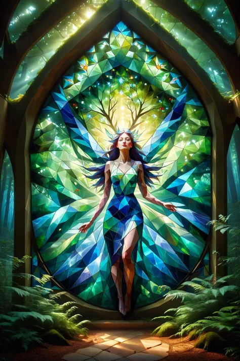A stained glass window depicts the image of a spirit in the forest,beautiful,dreamy,and innocent,
ral-polygon,<lora:ral-polygon:1>,ral-exposure,<lora:ral-exposure:0.5>,<lora:One_Point_perspective:0.8>,