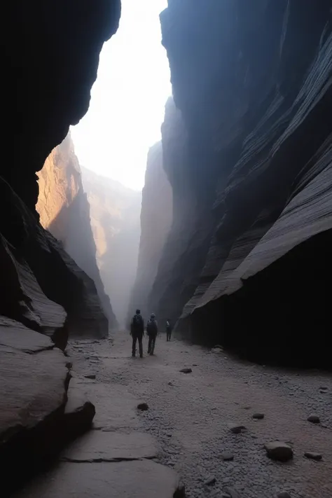 <lora:One_Point_perspective:1>,
The canyon is vast,standing at the bottom and looking around,it is hazy and misty,as if you have come to the bottom of a huge abyss,