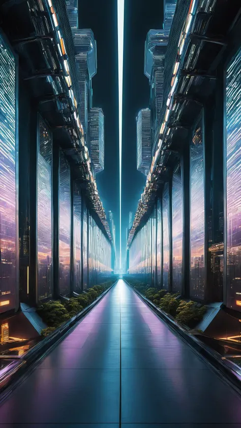 A futuristic cityscape seen from the end of a long, symmetrical corridor, with towering skyscrapers and dazzling lights creating a mesmerizing convergence, a breathtaking glimpse into a cybernetic metropolis:1.5.,<lora:One_Point_perspective:1><lora:One_Point_perspective:1>