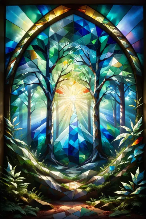 A stained glass window depicts the image of a spirit in the forest,beautiful,dreamy,and innocent,
ral-polygon,<lora:ral-polygon:1>,ral-exposure,<lora:ral-exposure:0.5>,<lora:One_Point_perspective:0.8>,