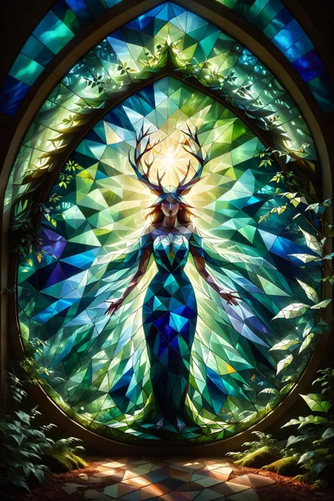 A stained glass window depicts the image of a spirit in the forest,beautiful,dreamy,and innocent,
ral-polygon,<lora:ral-polygon:1>,ral-exposure,<lora:ral-exposure:0.5>,<lora:One_Point_perspective:0.8>,
