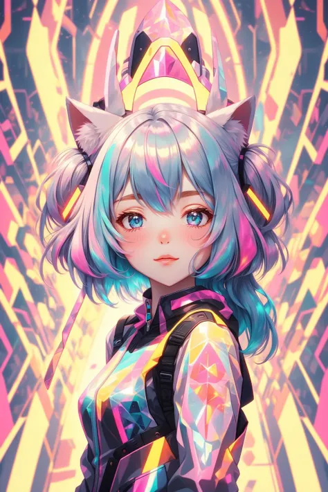 {{masterpiece}}, best quality, cinematic lighting, lens flare, medium breasts, beautiful detail eyes, multicolor hair, colorful retro light particles, heterochromia, (colorful:1.5), (colorful hair:1.5),