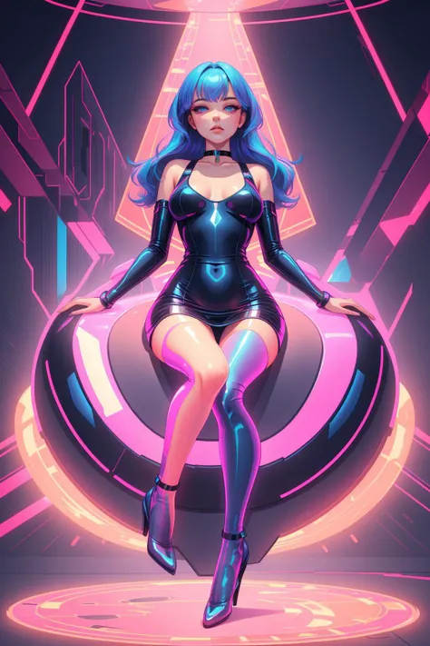 holographic, detailed, <lora:Holographic-V1-000020:1>, choker, bodycon minidress, breasts, face, eyes, vibrant hair, masterpiece, best quality, full body, bending forwards, realistic, looking up at viewer, looking down at subject, heels, hands, fingers, arms down at side