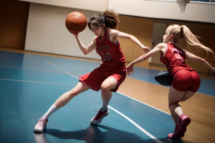 <lora:more_details:0.9>,  2girls , 20 year old girl with glasses playing basketball a defending girl tires to block her, basketballgirls, <lora:ClothingAdjuster2:-0.1> <lora:BasketballGirls:0.8> <lora:epi_noiseoffset2:1>, from angle, close up,
