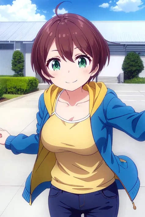(masterpiece:1.2), (best_quality:1.2), ultra high res, ultra-detailed, 8K, HDR, highres, anime, highly detailed, (best shadow), (absurdres),
BREAK <lora:hajime shinoda s2-lora-nochekaiser:0.8>, hajime shinoda, (large breast), (perfect proportion:1.2), (narrow waist),
BREAK hajime shinoda, short hair, bangs, brown hair, (green eyes:1.3), ahoge,
BREAK shirt, long sleeves, collarbone, jacket, open clothes, pants, hood, open jacket, hoodie, hood down, blue jacket, yellow shirt,
BREAK close up, upper body, outdoors, sky, sun, clouds, smile, cowboy shot, captivating pose, looking at viewer, <lora:more_details:0.4>,