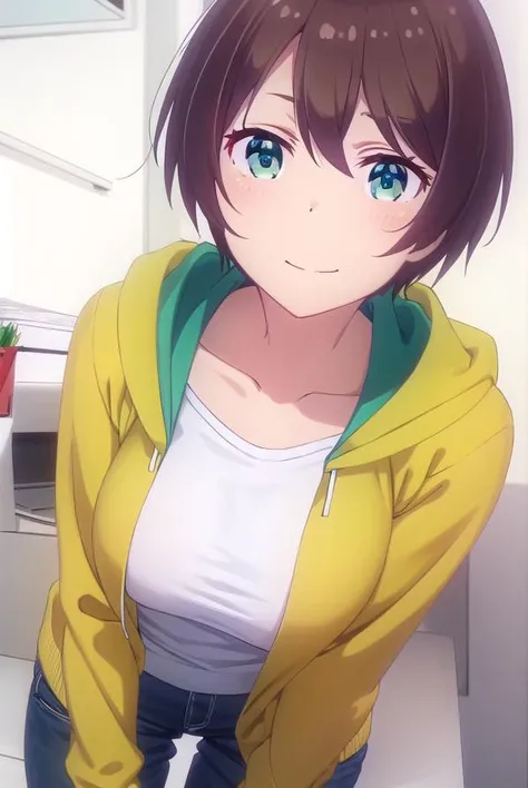 hajimeshinoda, <lora:hajime shinoda s2-lora-nochekaiser:1>,
hajime shinoda, short hair, bangs, brown hair, (green eyes:1.3), ahoge, smile,
BREAK shirt, long sleeves, collarbone, jacket, open clothes, pants, hood, open jacket, hoodie, hood down, blue jacket, yellow shirt,
BREAK indoors, office,
BREAK looking at viewer, (cowboy shot:1.5),
BREAK <lyco:GoodHands-beta2:1>, (masterpiece:1.2), best quality, high resolution, unity 8k wallpaper, (illustration:0.8), (beautiful detailed eyes:1.6), extremely detailed face, perfect lighting, extremely detailed CG, (perfect hands, perfect anatomy),