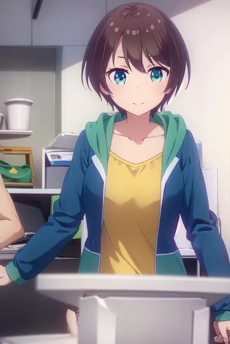 hajimeshinoda, <lora:hajime shinoda s2-lora-nochekaiser:1>, 
hajime shinoda, short hair, bangs, brown hair, (green eyes:1.3), ahoge, smile,
BREAK shirt, long sleeves, collarbone, jacket, open clothes, pants, hood, open jacket, hoodie, hood down, blue jacket, yellow shirt,
BREAK indoors, office,
BREAK looking at viewer, (cowboy shot:1.5),
BREAK <lyco:GoodHands-beta2:1>, (masterpiece:1.2), best quality, high resolution, unity 8k wallpaper, (illustration:0.8), (beautiful detailed eyes:1.6), extremely detailed face, perfect lighting, extremely detailed CG, (perfect hands, perfect anatomy),