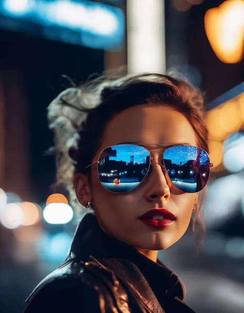 cinematic photo a close-up photo, Urban street style, GloriaSolSDXL in stylish sunglasses, reflections of city lights, bold and dynamic focus <lora:GloriaSolSDXL:1> . 35mm photograph, film, bokeh, professional, 4k, highly detailed