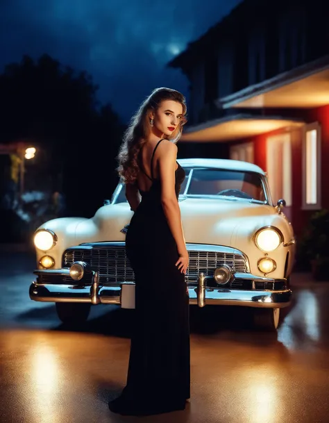 cinematic film still Medium full shot of GloriaSolSDXL, cinematic evening shot, standing near a vintage car, retro glamour attire, moody and dramatic lighting <lora:GloriaSolSDXL:1> . shallow depth of field, vignette, highly detailed, high budget, bokeh, cinemascope, moody, epic, gorgeous, film grain, grainy