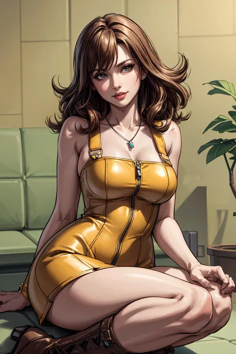 (masterpiece, 8k, 4k, extremely detailed,  dynamic shading, best quality, absurdres:1.4) nice hands, perfect hands, mature, milf, <lora:more_details:0.8>  <lora:selphie-nvwls-v2:1> necklace, yellow dress, boots, medium length brown hair with curled tips