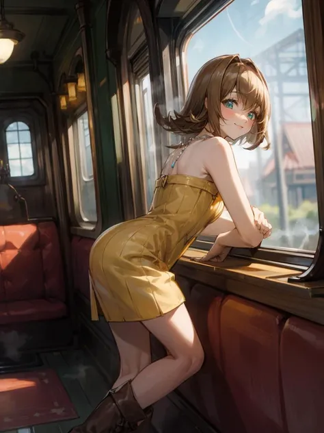 (masterpiece, best quality, 8K), wallpaper, Selphie Tilmitt, necklace, yellow dress, boots, smile, in the steam train, looking out of window, side view,  <lora:selphie-nvwls-v1-final:0.9>,  <lora:add_detail:1>