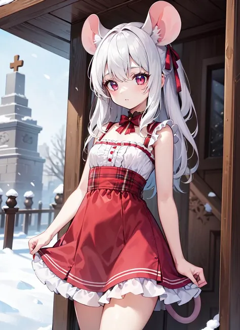 ((best quality)), ((highly detailed)), absurdres, (detailed eyes, deep eyes), (1girl), cowboy shot, <lora:mouse_girl-1.0:.65>, (mouse girl), white hair, pink eyes, mouse ears, (mouse tail), cute dress, (outside, in a mausoleum, morning, blizzard)