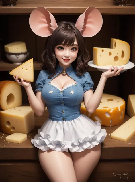 8k, (mouse woman), <lora:mouse_girl-1.0:1>, mouse ears, mouse tail, thick thighs,
posing, minigirl, layered dress, happy, cheese wheel,