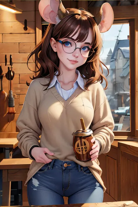 <lora:mousegirl-n15g:1.00>, mouse girl, mouse ears, flannel shirt, jeans, holding a potato, <lora:bzl:0.8>, bzl_test, short wavy brown hair, (blue|grey) eyes, glasses, closed smile, (freckles:0.4) || person, skin, hair, clothing, masterpiece, 8k, high resolution, shallow depth of field, sharp focus