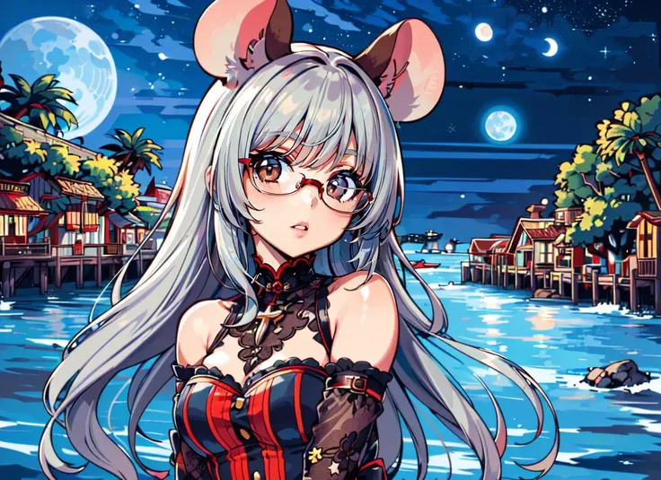 ((best quality)), ((highly detailed)), masterpiece, extremely detailed face, beautiful face, , (1girl), (glasses), upper body, ((thighhighs)), <lora:mouse_girl-1.0:.7>, (mouse girl), grey hair, brown eyes, mouse ears, (mouse tail), (outdoors, at a tropical island, palm trees, evening, night sky, stars, multiple moons, shooting star), <lora:tbh15-:1>