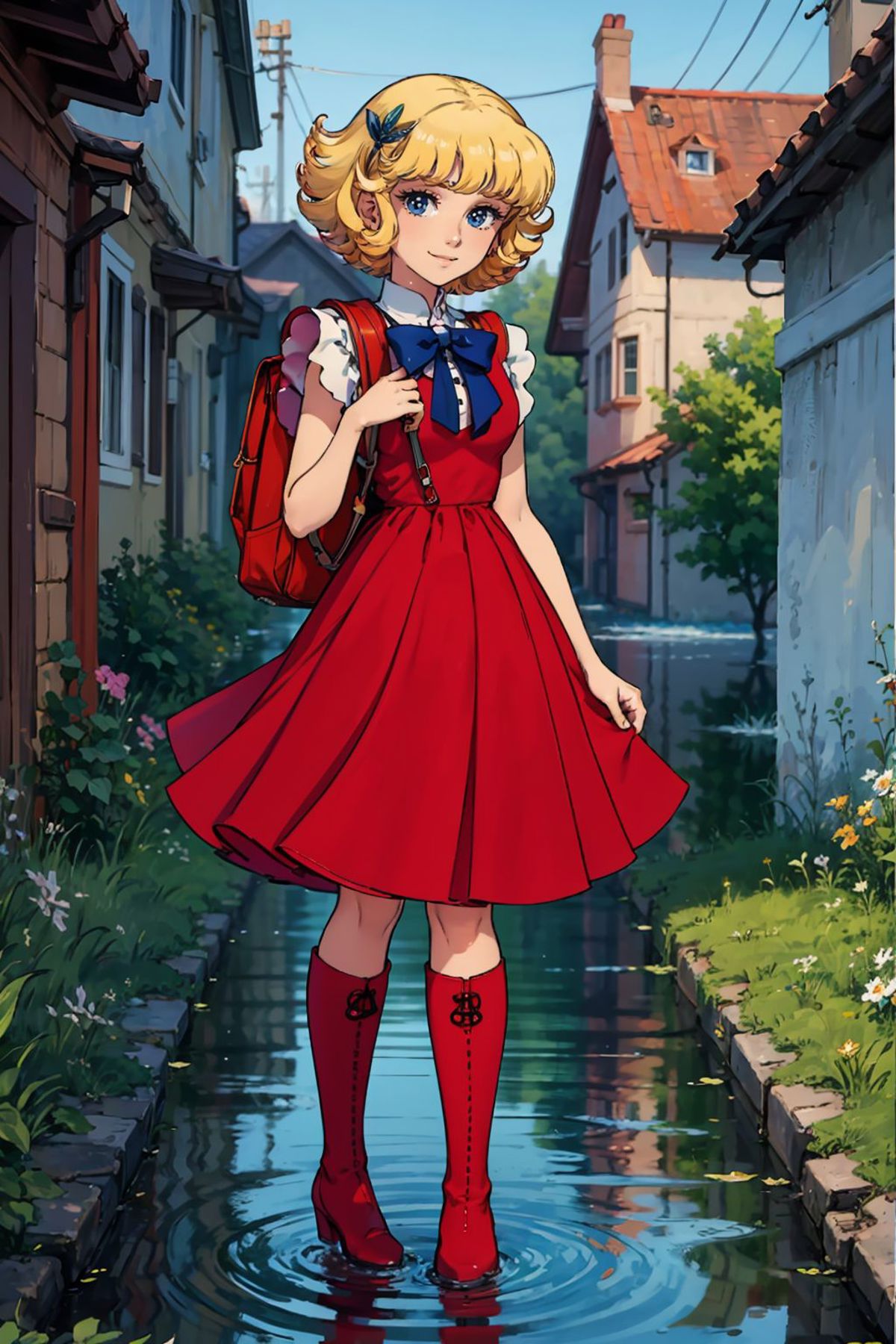 A woman in a red dress standing in a puddle of water - SeaArt AI