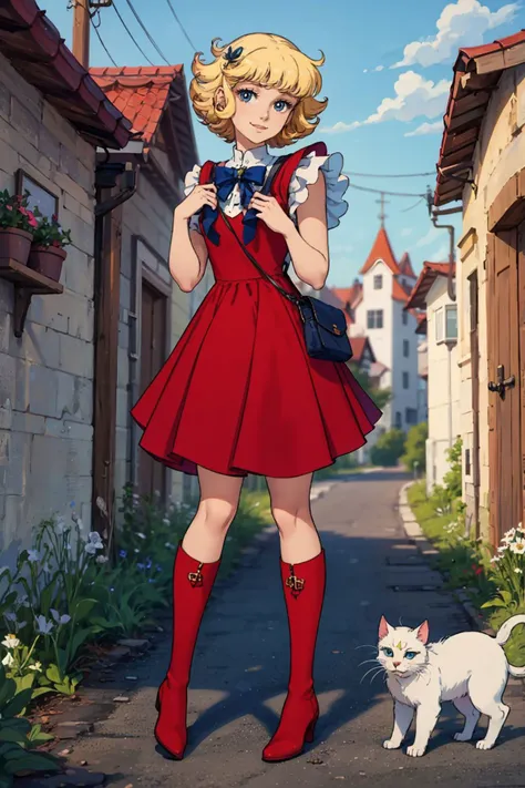masterpiece, best quality, solo,1girl,looking at viewer,outdoor, <lora:LunlunV1:0.75>,lunlun, boots,going home with a backpack in a town,smile,white cat