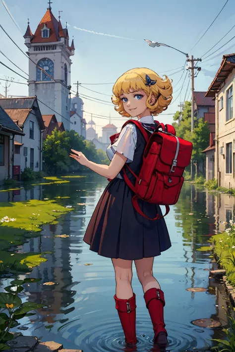 masterpiece, best quality, solo,1girl,looking at viewer,outdoor, <lora:LunlunV1:0.75>,lunlun, boots,going home with a backpack in a flooded town,smile