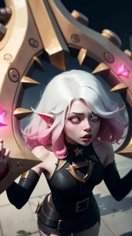 from above,pointy ears,pink sclera,white hair with pink streaks,hands up,head shackles, night, stars,black clothes,OUTDOORS,masterpiece,league of legends, blurry background, depth of field, shiny <lora:BriarV2:0.9>