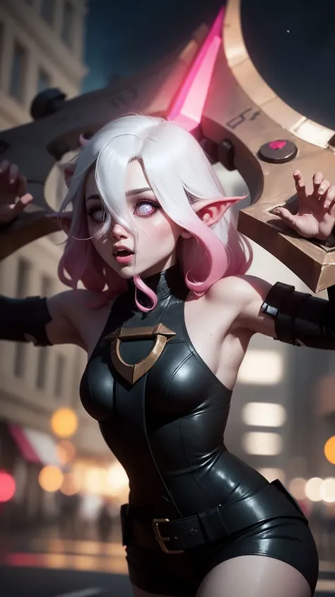 from below,pointy ears,pink sclera,white hair with pink streaks,hands up,head shackles, night, stars,black clothes,OUTDOORS,masterpiece,league of legends, blurry background, depth of field, shiny  <lora:BriarV2:0.9>
