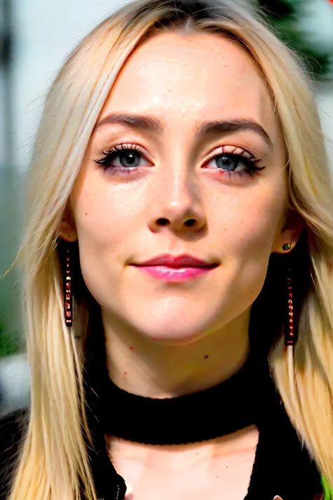 saoirseRon1 piercing eyes, looking straight, very happy,long hair, wearing an off-shoulder sweater, choker, closeup portrait, in a outdoor cafe in 2015, afternoon light