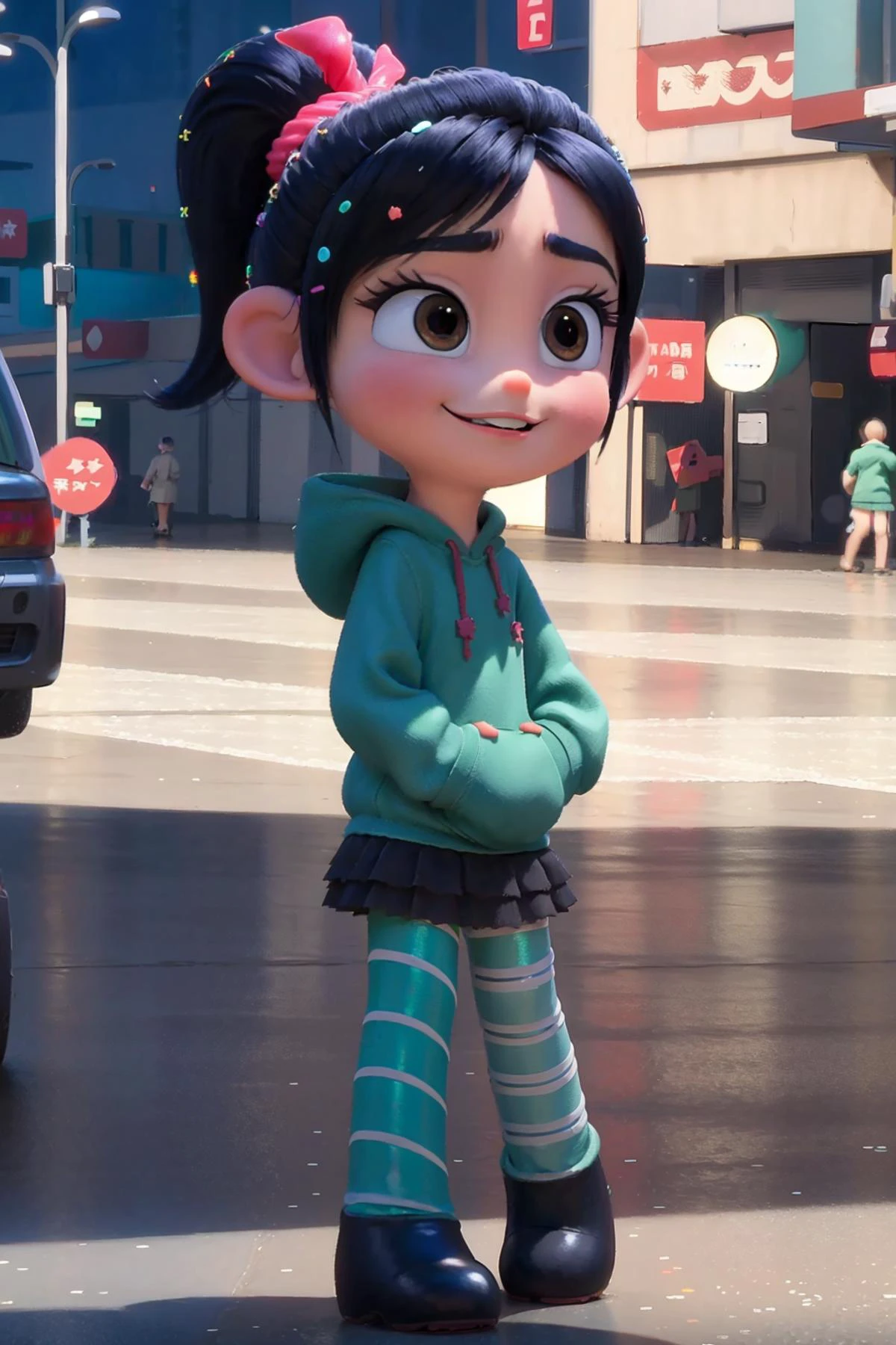 (best quality, masterpiece:1.2), photon mapping, radiosity, physically-based rendering, best quality, highly detailed,1girl,vane, aqua eyes, outdoor, city, street, night, ((short legs)), looking at the viwer, standing, hands in the hoodie, smile,
<lora:vaneV2:0.75>