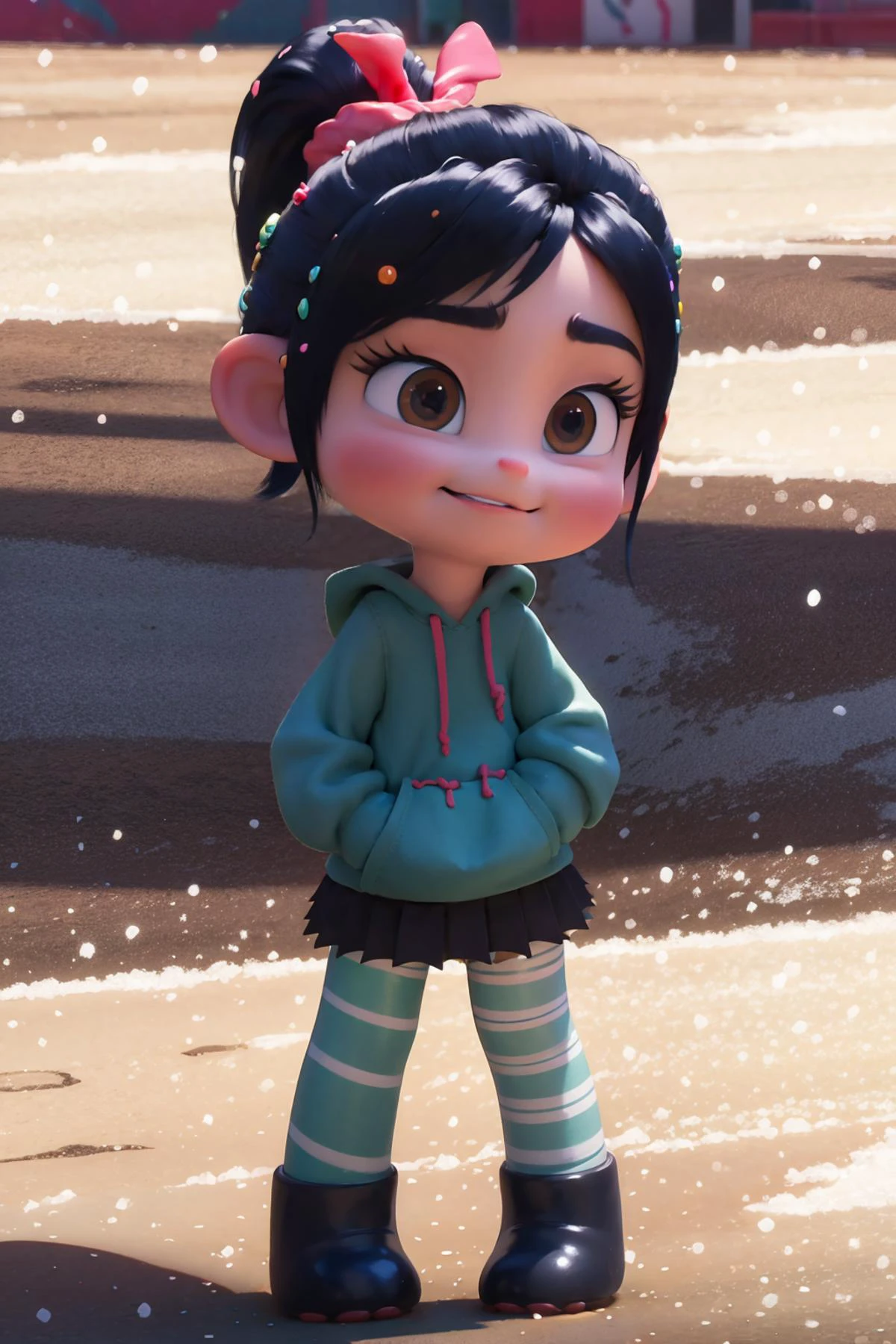 (best quality, masterpiece:1.2), photon mapping, radiosity, physically-based rendering, best quality,NSFW,highly detailed,1girl, vane, cute, (((short legs))), full body,outdoors, street, snow, smile,
<lora:vanev9-final:0.85>