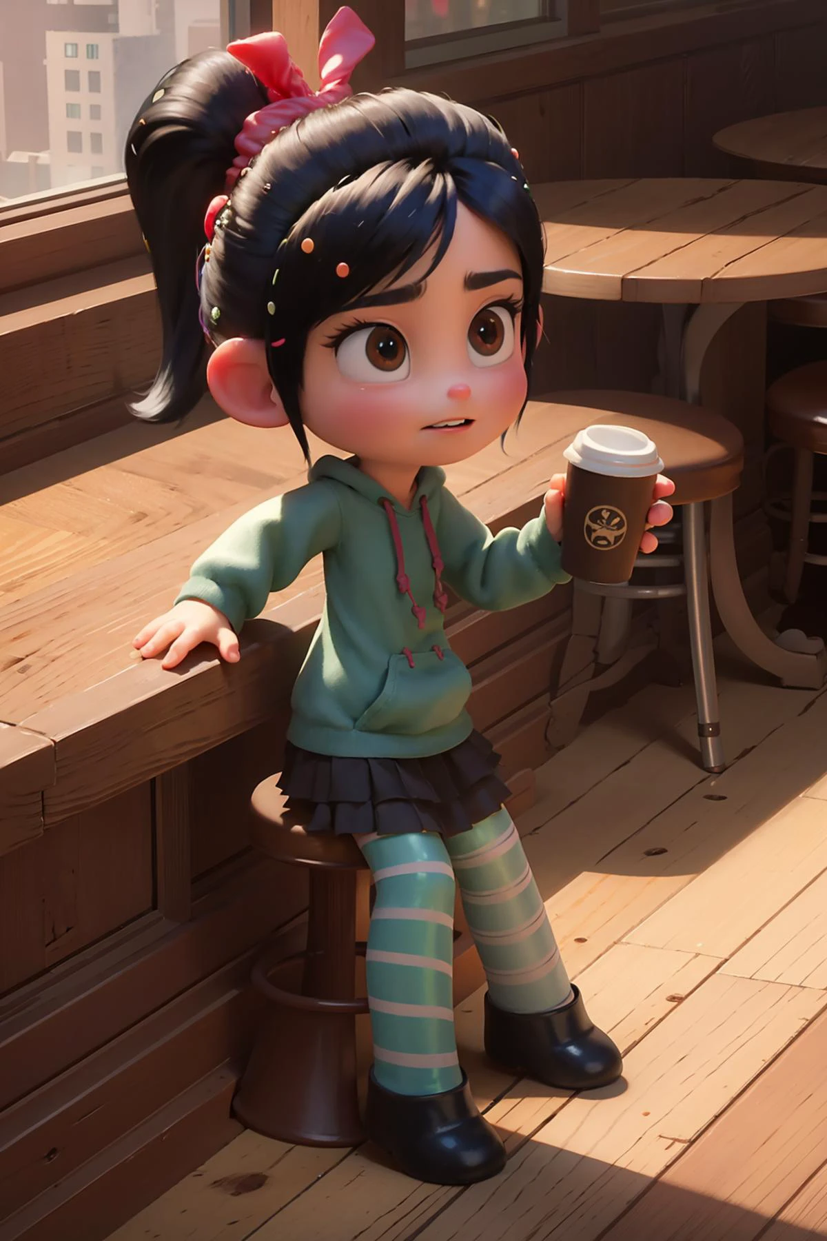 (best quality, masterpiece:1.2), photon mapping, radiosity, physically-based rendering, best quality,NSFW,highly detailed,1girl, vane, cute, (((short legs))), indoor, coffee shop, holding a coffee, sitting high bar stool,
<lora:vanev9-final:0.8>
