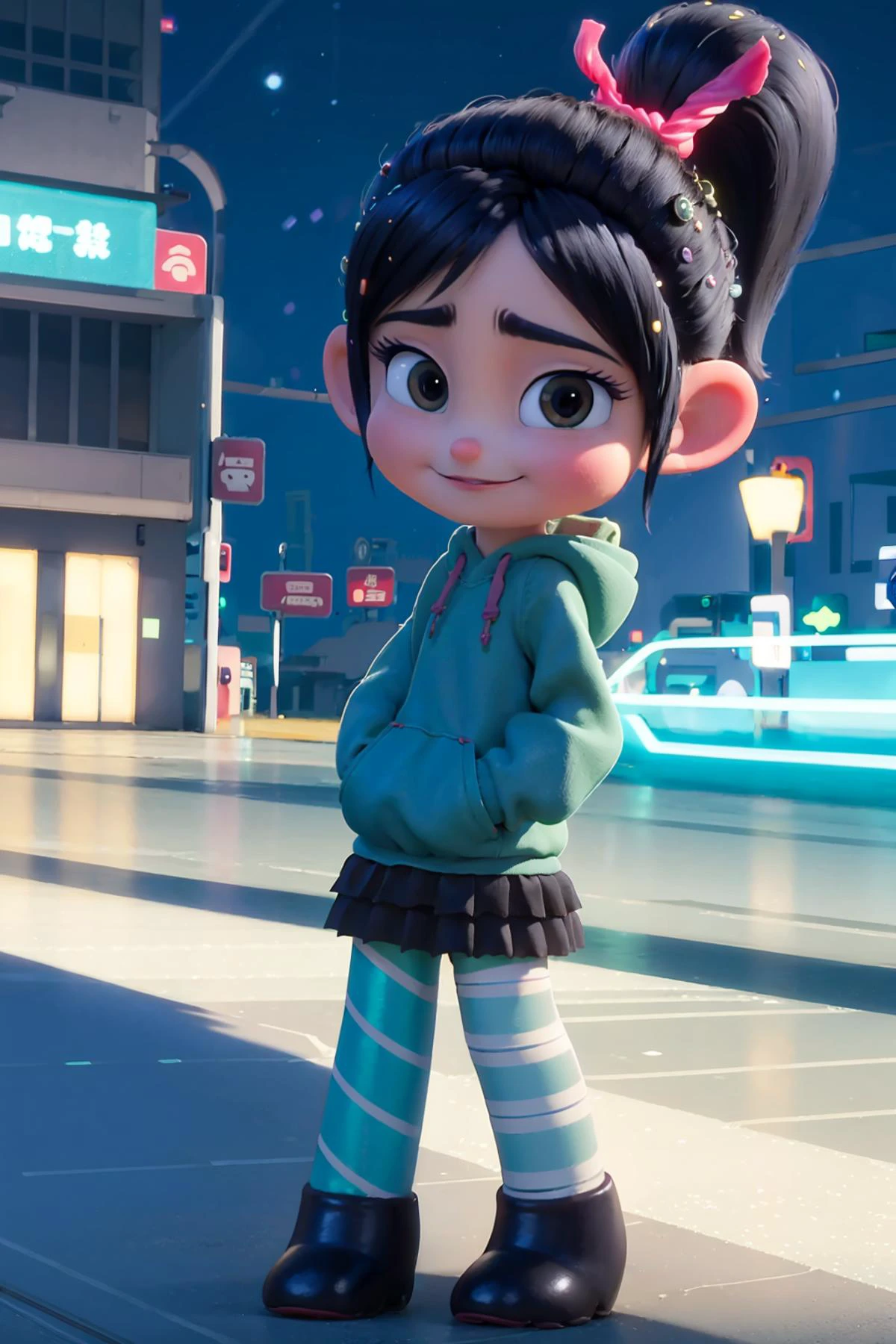 (best quality, masterpiece:1.2), photon mapping, radiosity, physically-based rendering, best quality, highly detailed,1girl,vane, aqua eyes, outdoor, city, street, night, ((short legs)), looking at the viwer, standing, hands in the hoodie, smile,
<lora:vaneV2:0.75>